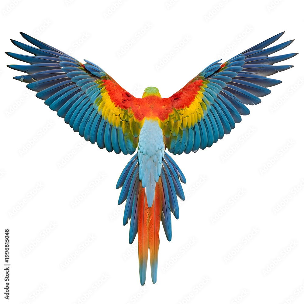 Fototapeta premium Macaw wings spread, vibrant plumage isolated on transparent background