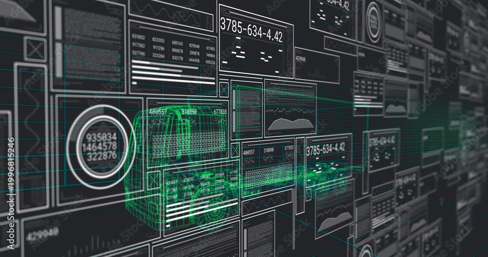 Naklejka premium Hovering green teal 3D wireframe delivery van scanning virtual data wall, with numeric readouts