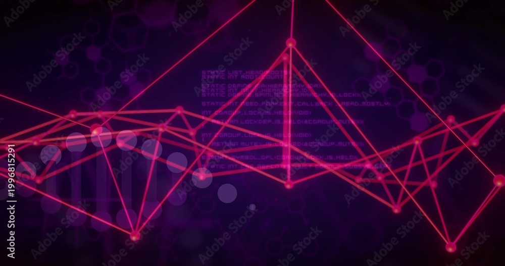 Fototapeta premium Glowing magenta network graph forming triangular mesh and waveform peaks in data display with DNA