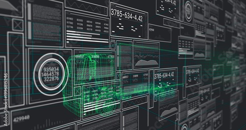 Hovering green teal 3D wireframe delivery van scanning virtual data wall, with numeric readouts