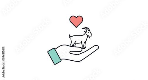 A hand cradling a goat with a heart.