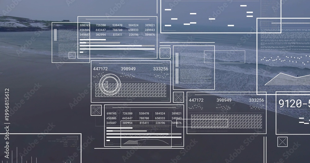 Fototapeta premium Displaying semi-transparent UI covering sea level coast, showing numeric readouts and radar marker