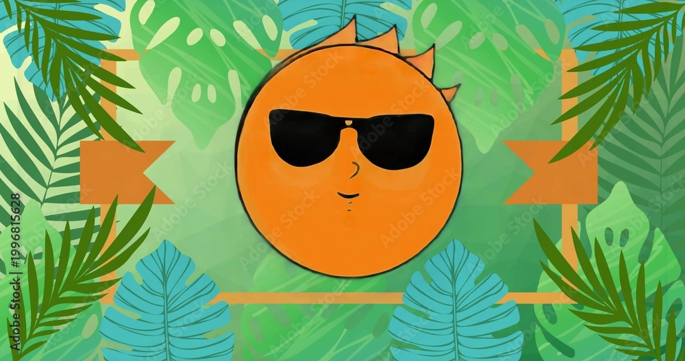 Obraz premium Showing cartoon orange sun wearing black sunglasses in tropical design, with blue green leaves