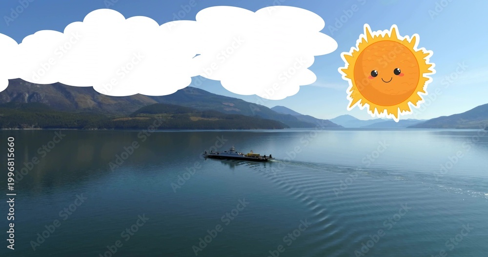Fototapeta premium Gliding narrow boat leaving V wake across mountain lake with people in jackets cartoon sun cloud