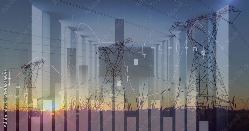 Fototapeta premium Displaying three lattice pylons standing in grassy plain at sunset, showing power lines and charts