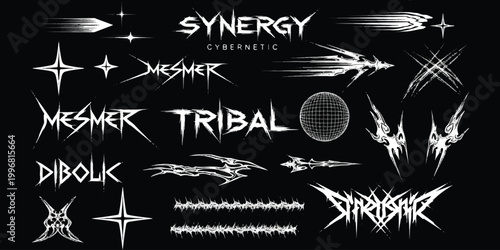 Slika na platnu Set of y2k cyber metal graphic elements and gothic style logos on black backgrou