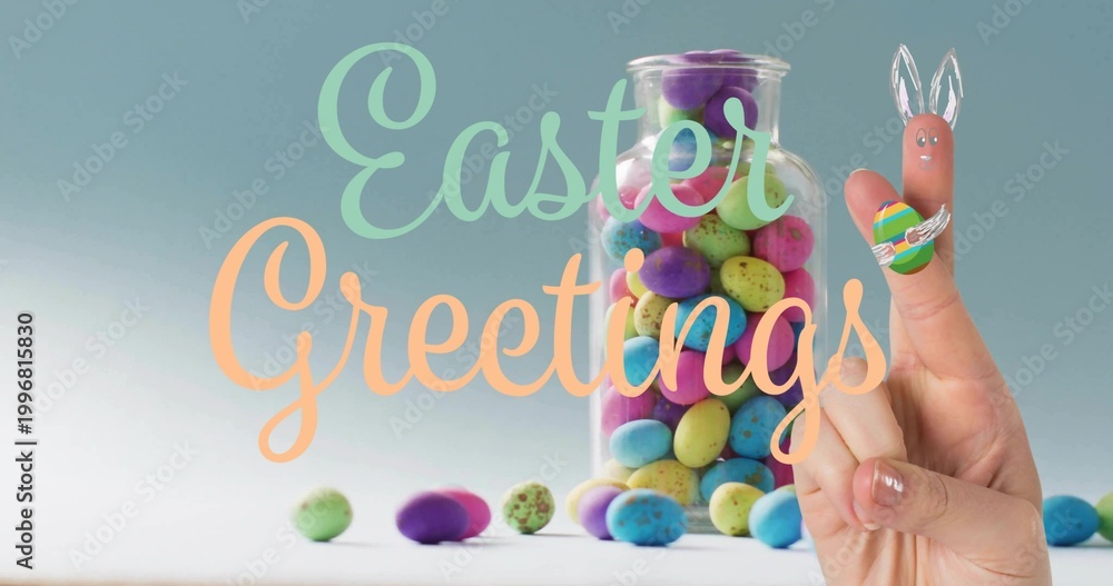 Naklejka premium Displaying jar and two finger bunnies forming on table with speckled eggs, Easter Greetings text