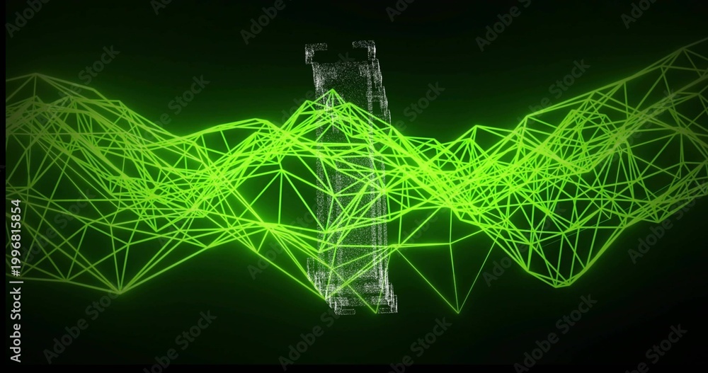 Fototapeta premium Undulating neon green wireframe mesh rising across 3D studio, with glowing vertices and gray column