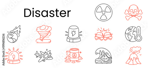 Disaster set icon. Outline pictograms, radiation sign, skull warning, burning earth, tornado, alarm siren, car crash, hot planet, airplane crash, oil barrel spill, tsunami wave house, volcano eruption