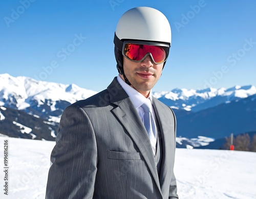 Businessman wearing ski helmet standing mountains.