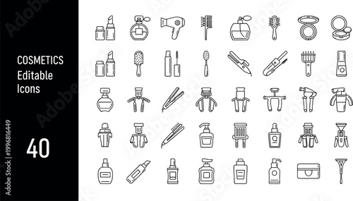 Cosmetics beauty makeup tools line icons vector set skincare haircare salon outline symbols collection