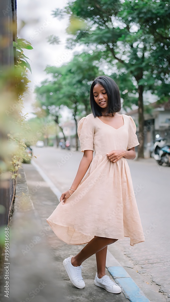 Fototapeta premium Young woman walking on city sidewalk.