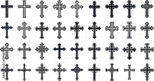 Christian cross symbols vector set religious crucifix church faith silhouette outline collection