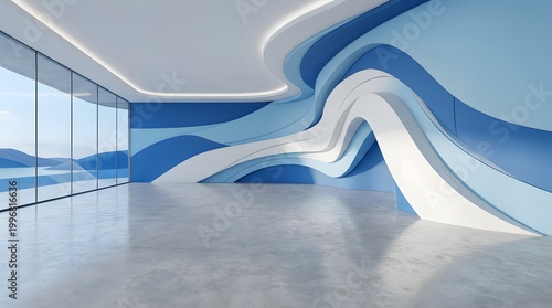 Curved Blue Wave Abstract Interior with Glass Wall