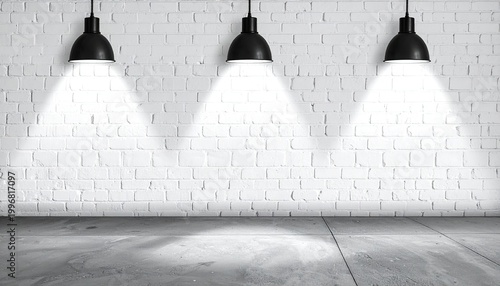 Lamps hang from the ceiling to cast bright circular beams of light onto a rustic white brick wall.