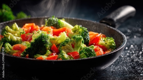 Steaming Hot Broccoli and Red Bell Pepper Medley Cooked in a Skillet