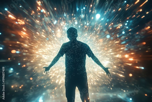 An illustration of virtual existence, where a human figure dissolves into light data