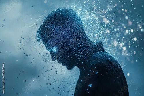 The concept of digital identity, where the human body and head are transformed into fragments of data