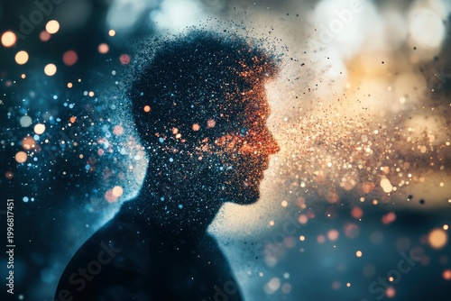 An abstract human silhouette, its head breaking down into pixels, the theme of virtual reality