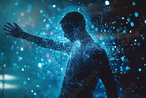 The human body dissolving into digital particles, the concept of virtual existence