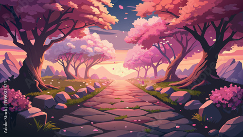 Beautiful pink cherry blossom trees in a peaceful park during a colorful sunset