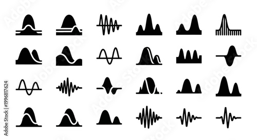 Sound wave, audio signal, waveform icons, 25 black vector graphics, sound spectrum symbols, audio waveform elements