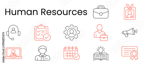 Human resources icon. Briefcase, id badge, headset support, checklist approval, gear profile, manager, employee, calendar, training book, certificate, megaphone, online interview, recruitment workflow