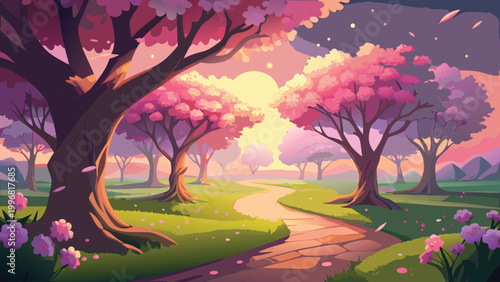 Beautiful cherry blossom trees in a park during a peaceful sunny sunset