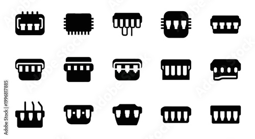Microchip icons, circuit board symbols, electronic components, black vector graphics