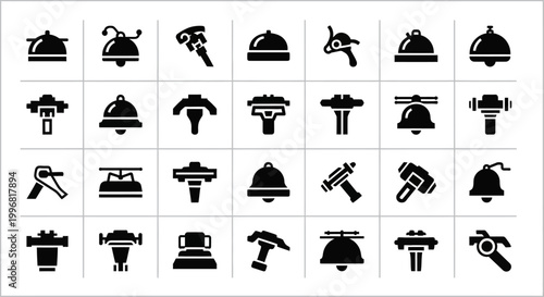 Construction, industrial, tool icons, 25 black silhouette symbols, set of construction tools, industrial equipment, vector graphics