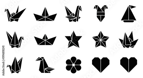 Origami icons, black vector set, paper folding designs, 13 symbols