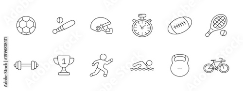 Sport activity competition set icon. Soccer bat helmet stopwatch football tennis dumbbell trophy runner swim kettlebell bike depict training game fitness