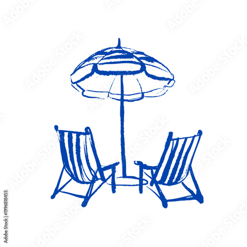 Mediterranean coastal vacation illustration of beach umbrella. Hand drawn sketch sun lounger sea poster. Dolce vita summer vibe. Vintage summer crayon vector illustration
