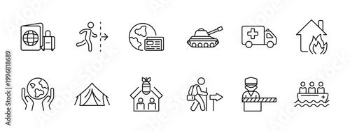 Travel emergency military set icon. Passport departure globe tank ambulance burning house hands earth tent shelter walking barrier boat depict journey crisis support