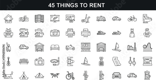 Things to rent rental services line icons vector set car house equipment vacation outline symbols collection