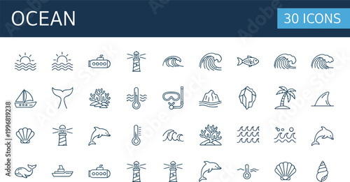 Ocean marine seaside line icons vector set waves lighthouse dolphin shell nautical outline symbols collection