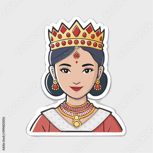 Cartoon illustration of a queen with a crown and jewelry