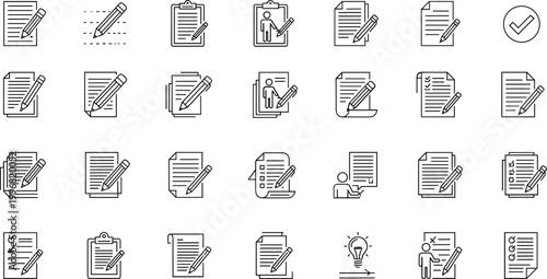 Document editing checklist paperwork line icons vector set file approval writing outline symbols collection