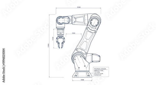 Detailed blueprint of a robotic arm with precise dimensions and specifications, rendered in a technical line drawing style against a clean white background, conveying a sense of industrial