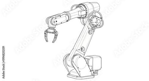 Detailed line drawing of an industrial robotic arm, showcasing its mechanical design and articulation against a stark white background, rendered in a technical blueprint style with a focus