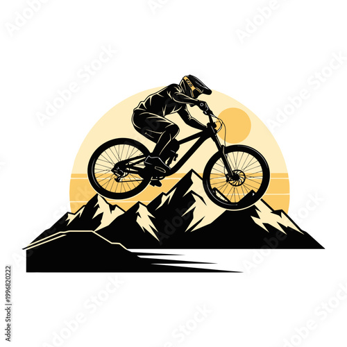 Mountain biker jumping over peaks illustration with mountain biking