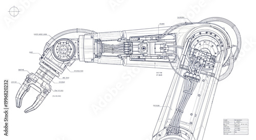 Detailed technical blueprint illustration of a robotic arm with internal mechanics visible, presented in a clean, minimalist design using precise linework against a plain white background