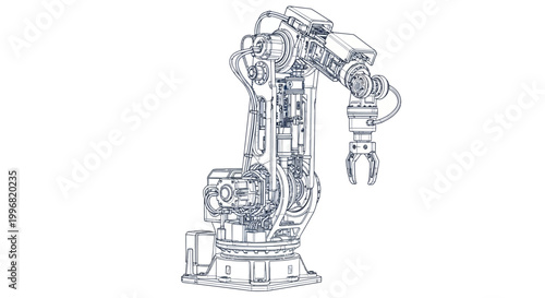 Detailed line drawing of an industrial robotic arm with a gripper, rendered in a blueprint style against a clean white background, showcasing intricate mechanical design and engineering
