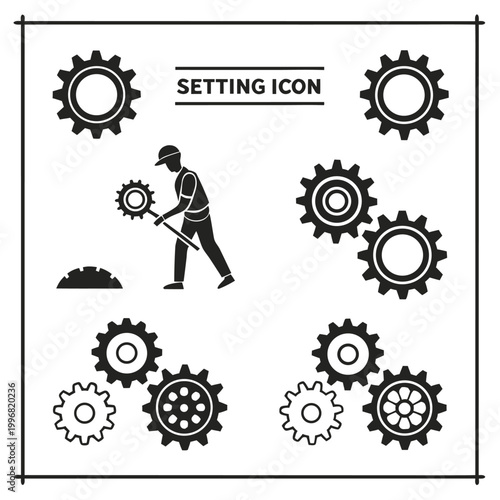 Black silhouette of a worker adjusting gears setting icon