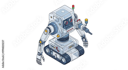 Isometric illustration of a white robot with tank treads and articulated arms, presented in a clean, detailed style with a shallow depth of field, set against a bright white background