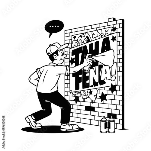 Young man creating graffiti art on a brick wall with spray paint.