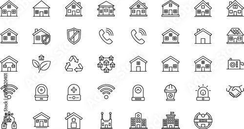 Smart home security house technology line icons vector set automation surveillance connectivity outline symbols collection
