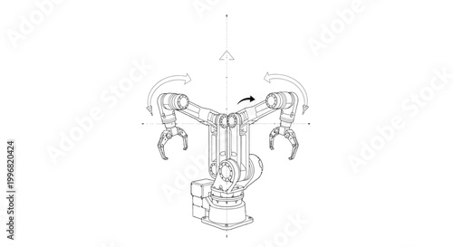 Detailed technical line drawing of an industrial robotic arm with articulated joints and end-effectors, set against a stark white background, emphasizing precision