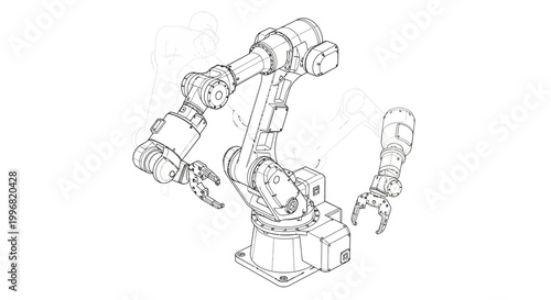 Detailed line drawing of a robotic arm with articulated joints and a grasping end effector, depicted from a high angle on a plain white background, conveying a technical and precise style