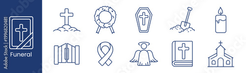 Funeral set icon. Collection with cross frame, grave cross, wreath, coffin, shovel, candle, gate, awareness ribbon, angel, holy book, church building